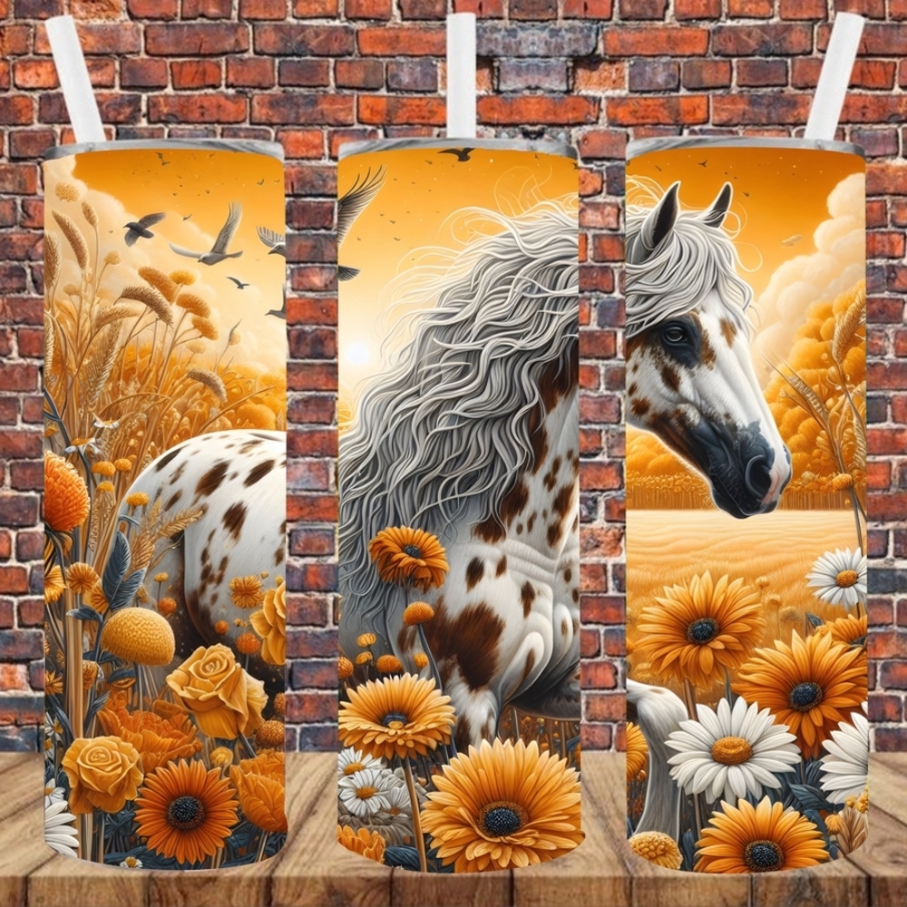 Sublimation Orange and White Horse Floral Tumbler